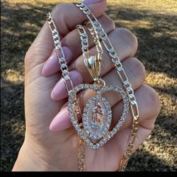 Virgencita Heart Rhinestone Necklace - Our lady of Guadalupe 