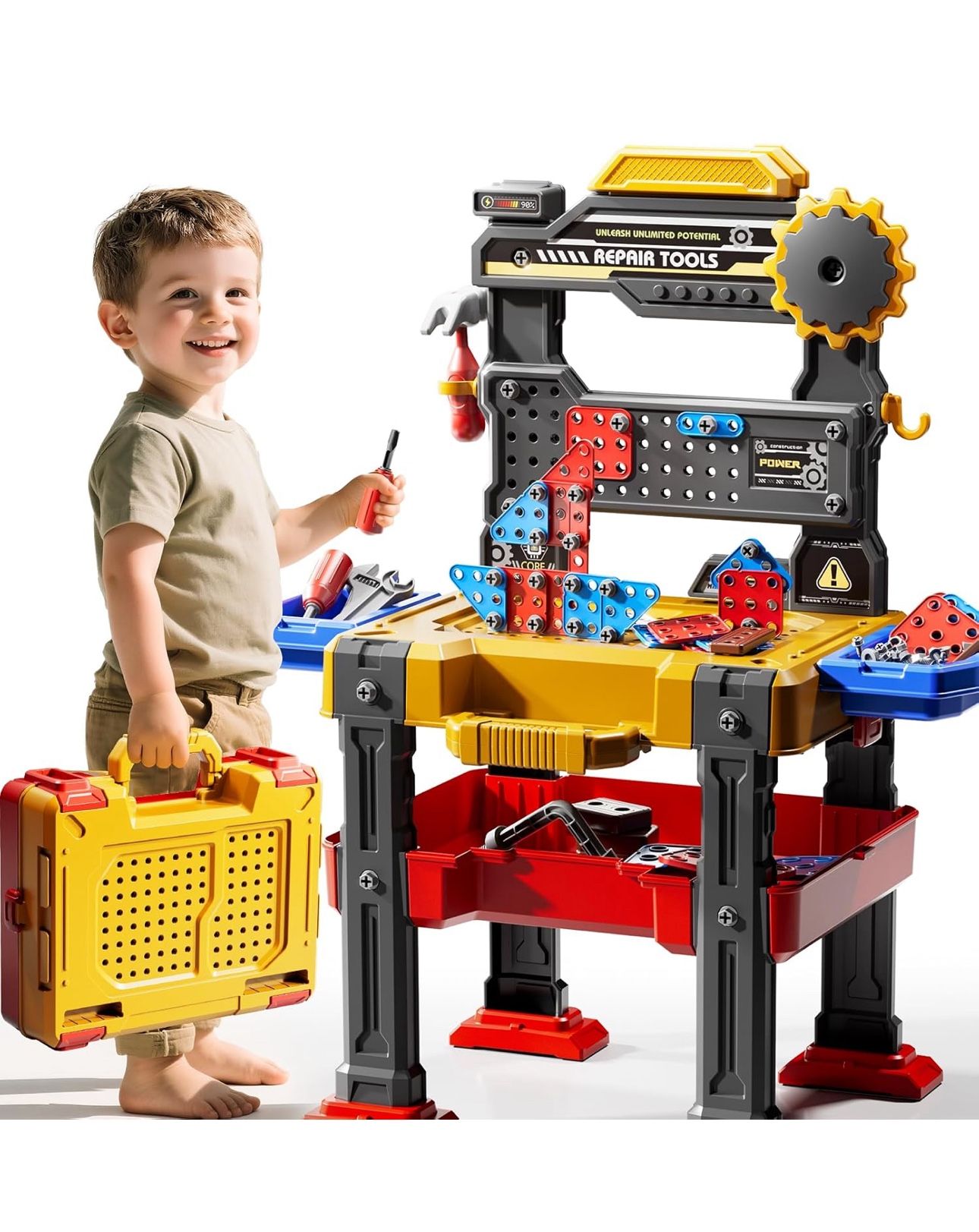 New-2 in 1 Workbench Tools Toys Set with Sound for Toddlers Aged 3-5, 145 PCS Educational Construction Mechanic Toolbox for Boys Girls, Pretend Play T