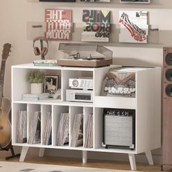 X-Large White Record Player Stand – 48’’ Turntable Console with Vinyl Storage Elegant modern white finish