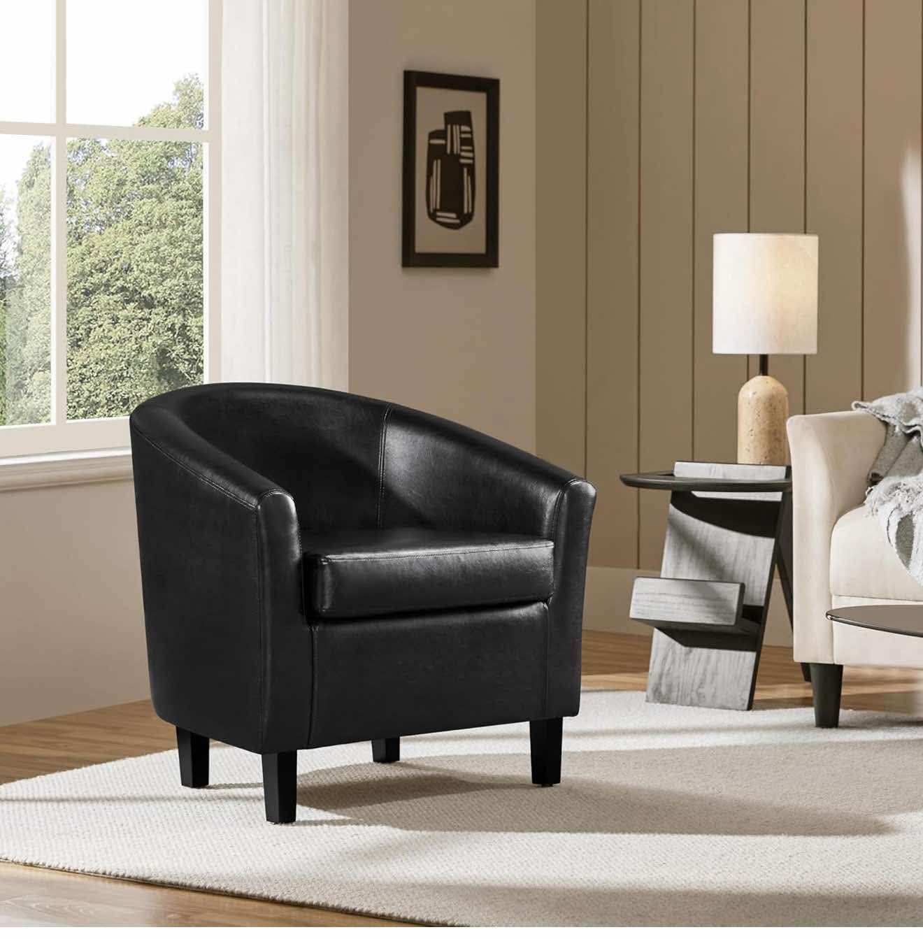 Barrel Chair, Faux Leather Accent Chair, Leather Armchair , Black P-7