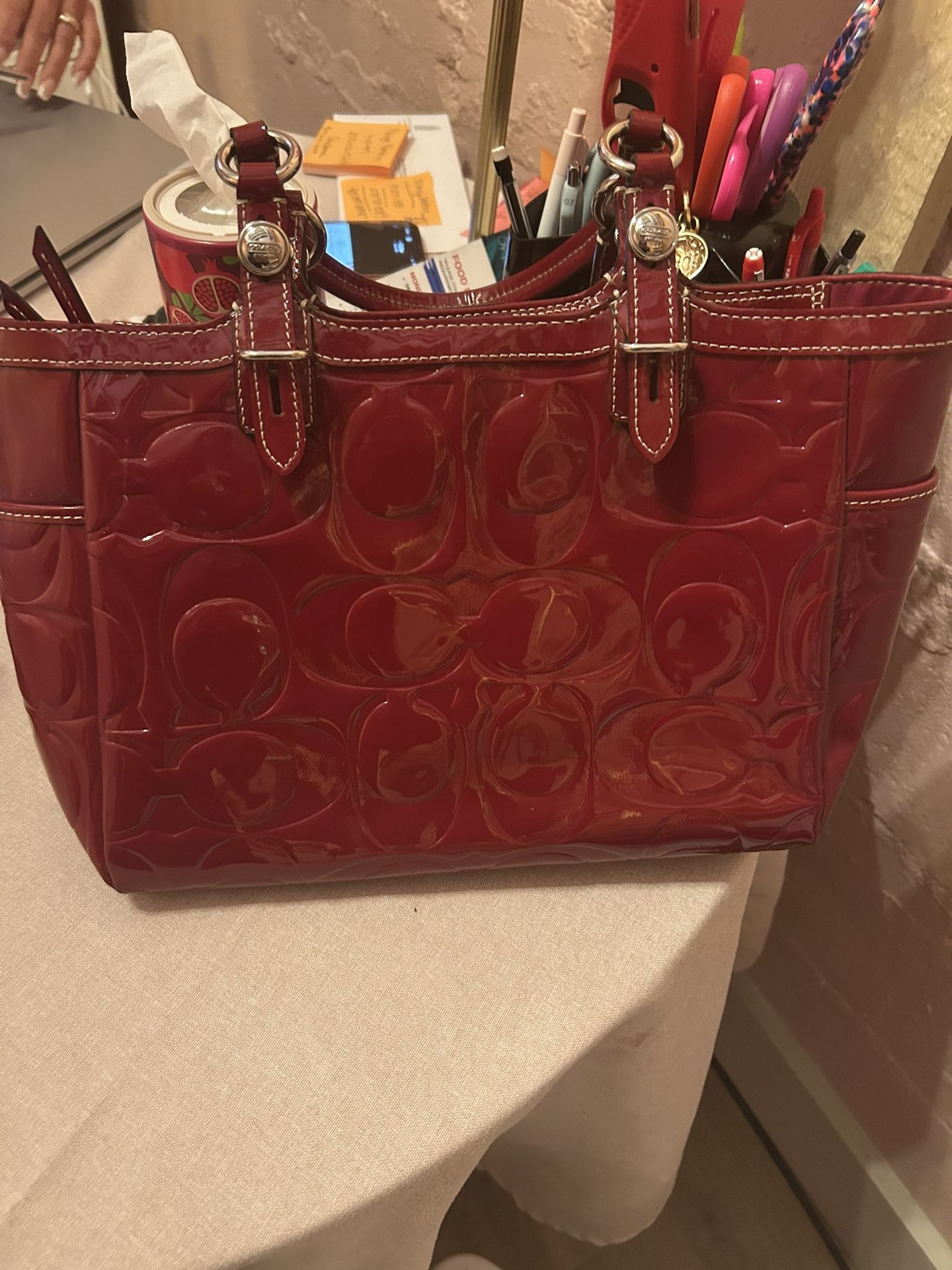 Red Glossy Embossed Tote Purse
