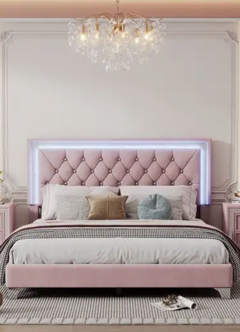 Queen Velvet Platform Bed with LED Tufted Headboard Upholstered Bed Frame