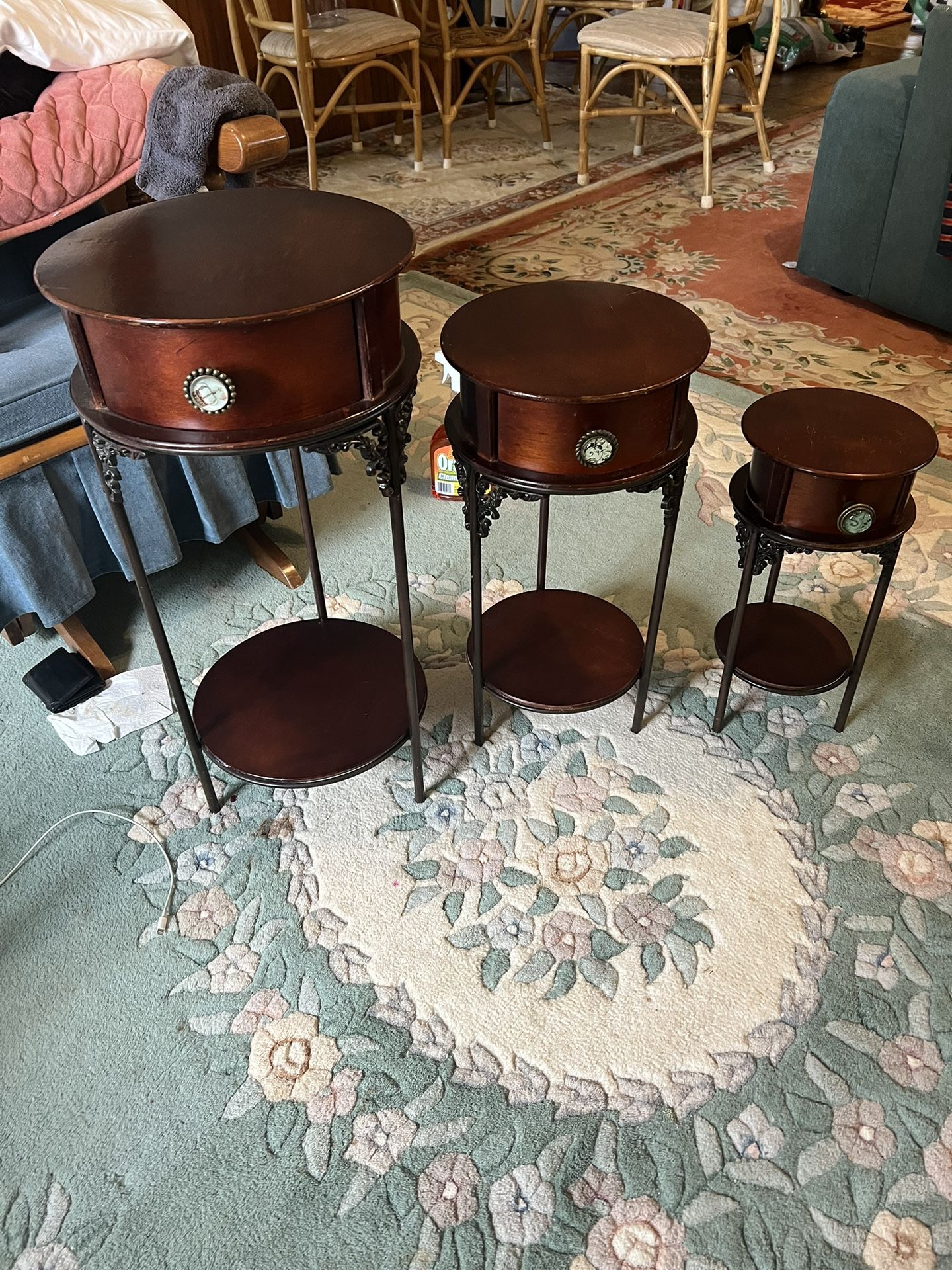 Antique Set Table Wood With Metal 3 Each With Drawer