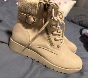 Beige Lace-Up Ankle Boots with Knit Cuff