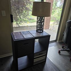 Dark Wood Cube Shelf w/ 2 Storage Bins, Placemats & Stylish Cage Lamp