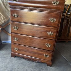Tall Upright Solid Wood Dresser With 5 Drawers With Brass Handles;Excellent Condition By Vaughan Bassett 