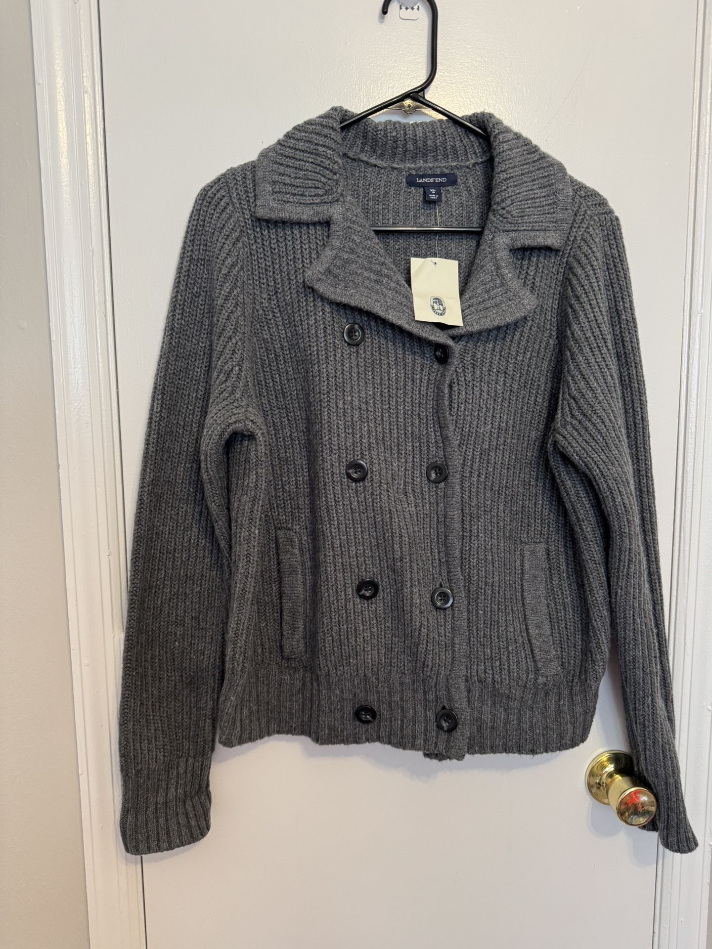 Lands End Size XLarge Gray Wool Double Breasted Button Cardigan