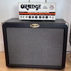 Orange Dual Terror 30/15/7-watt 2-channel Tube Head And Tone Tools 1x12 Cabinet With Weber Blue Dog