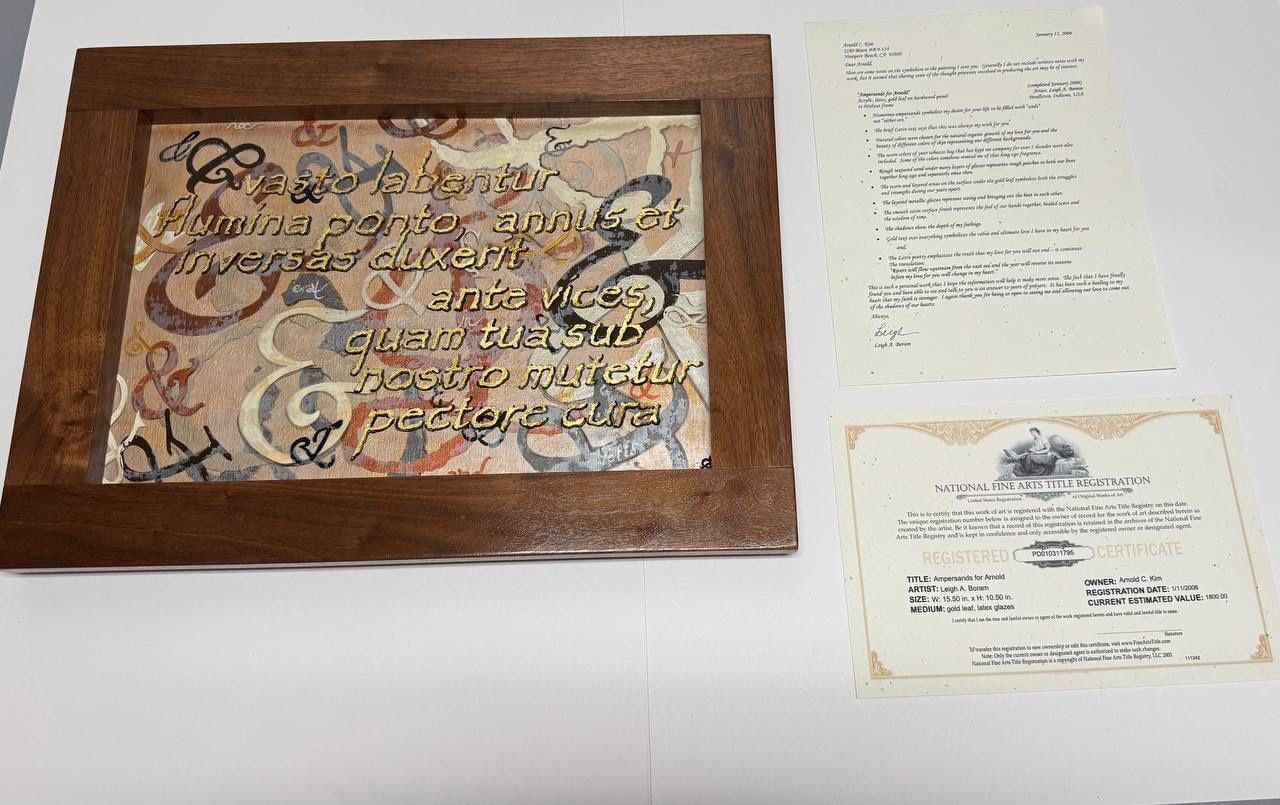 Leigh A. Boram “Ampersands for Arnold” 2006 Original Mixed Media Art w/ Certificate — Gold Leaf & Latin Text 