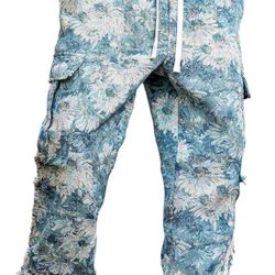 L size Men's Retro Floral Baggy Cargo Pants Drawstring Waist Straight Leg Trousers with Pockets