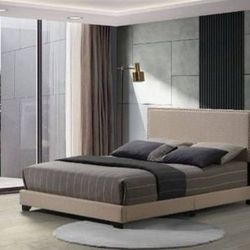Brand New Beige Fabric Queen Bed with Nailhead Accent