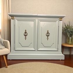 Solid Wood Stanley Sage Green Neoclassical Coffee Bar Cart Flip Top Server Buffet Sideboard Wheels with Storage Dovetail Drawer Original Gold Bronze