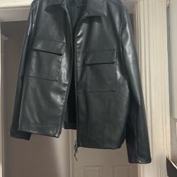 Zara Navy Faux Leather Bomber Jacket