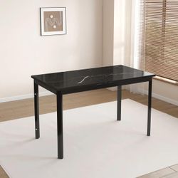 Modern 51" Rectangular Dining Table with Black Faux Marble-Grain Wood Top, Sturdy Metal Legs  