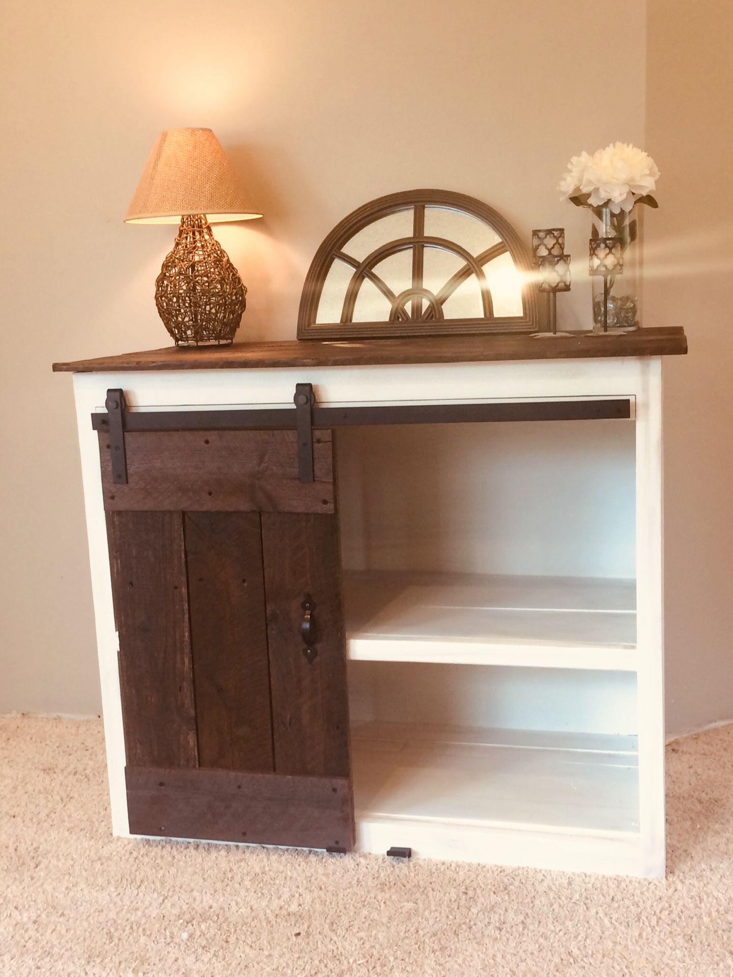 Rustic barn wood w/sliding barn wood door entertainment center/vanity/dresser/extra storage
