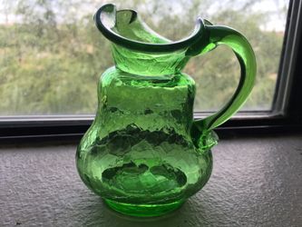 Vintage Bright Green Crackle Glass Pitcher