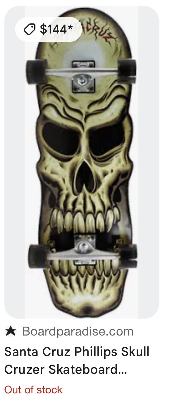 Special Addition, Santa Cruz Complete Skateboard. “Philip Skull Cruzer” This is the last one available.