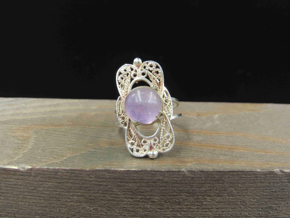 Size 8 Sterling Silver Tarnished Fancy Uncut Amethyst Stone Open Band Ring