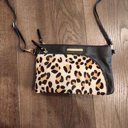 Emma Fox black leather crossbody bag , bold leopard print calf hair front panel, 9"×6", clean and great condition