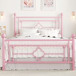 SHA CERLIN Queen Size Metal Platform Bed Frame, Vintage Iron-Art Headboard and Footboard, Metal, Pink