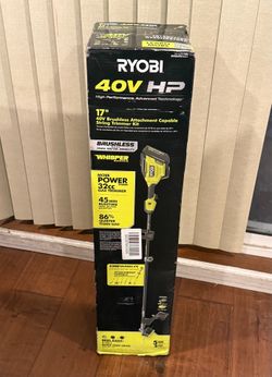 RYOBI 40V HP Brushless Whisper Series 17 in. Cordless Attachment Capable String Trimmer with 4 Ah Battery and Charger