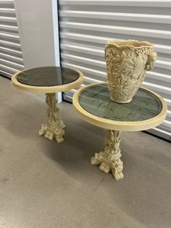 Vintage Asian Carved Vase and side tables