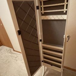 Standing Mirror Jewelry Cabinet Cream Locking