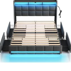 Rolanstar Full Size Bed Frame with LED Lights and Charging Station, Upholstered Bed Storage Headboard & Drawers, Heavy Duty Wood Slats, Easy Assembly,