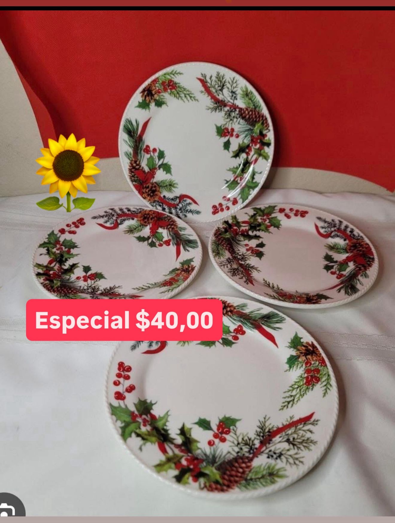 Platos Set De 4 Para Ensaladas Postres Especial $40.00 Marbella Noche Buena Princess House 