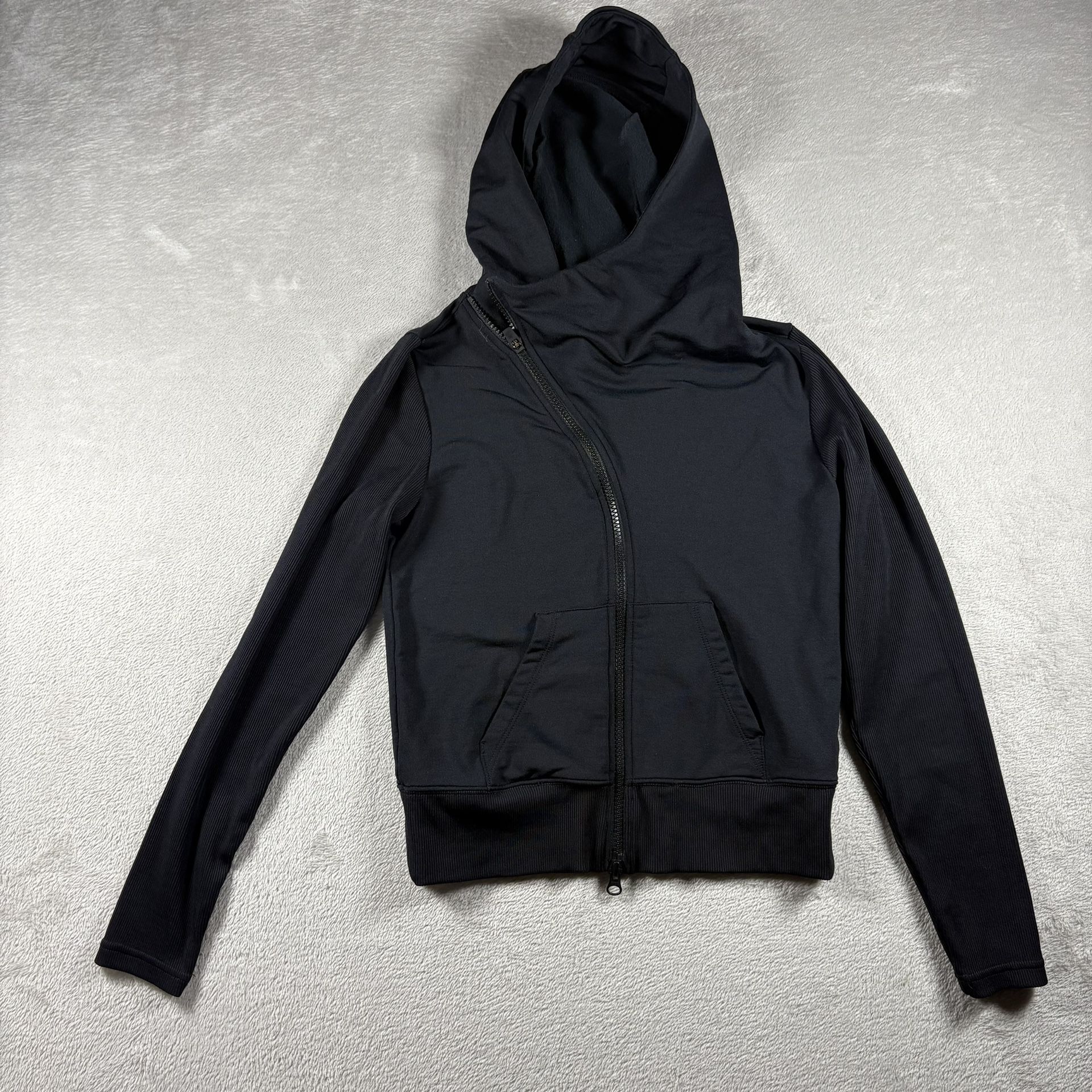 Athleta Women’s XXS Black Asymmetrical Zip Moto Jacket Hooded Athleisure #496