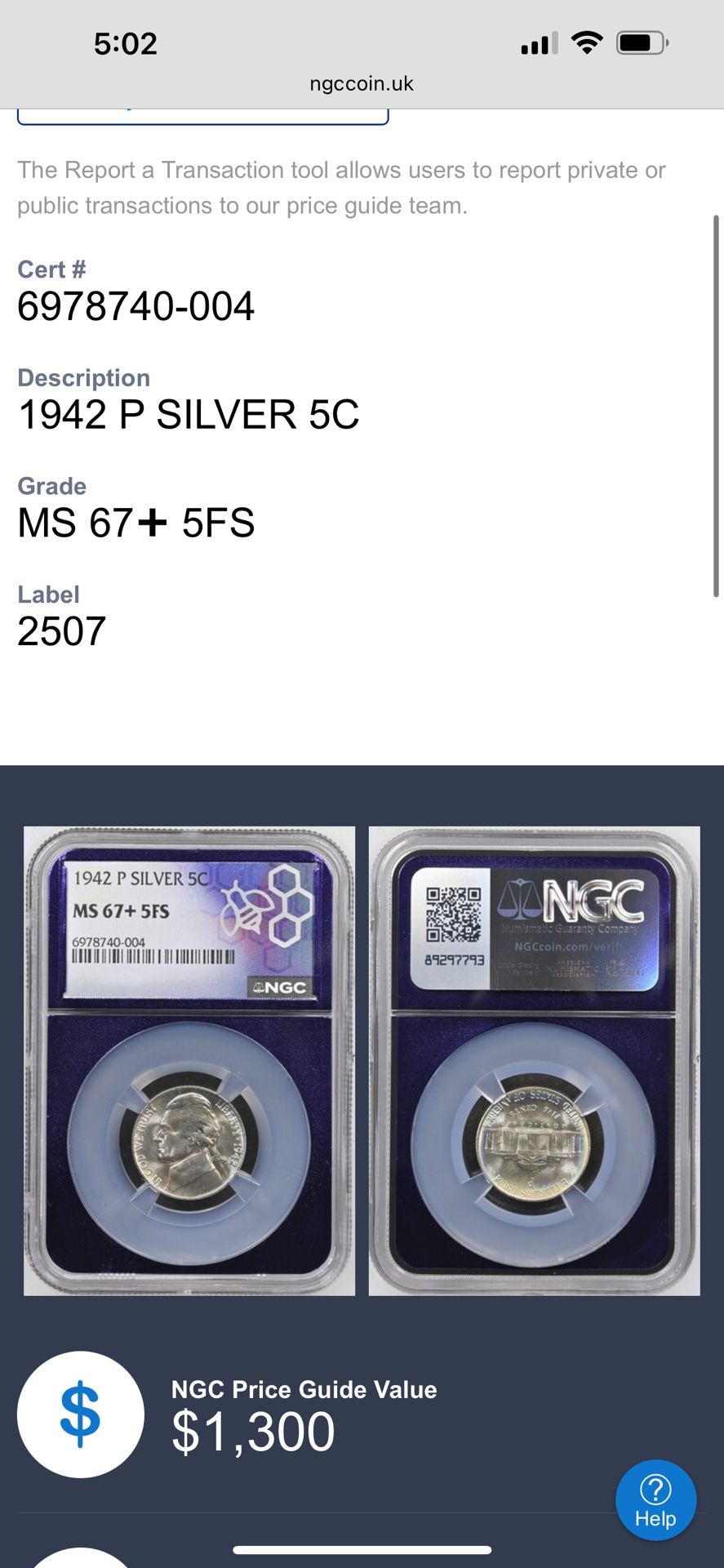 1942 P Silver 5C MS67+ 5FS