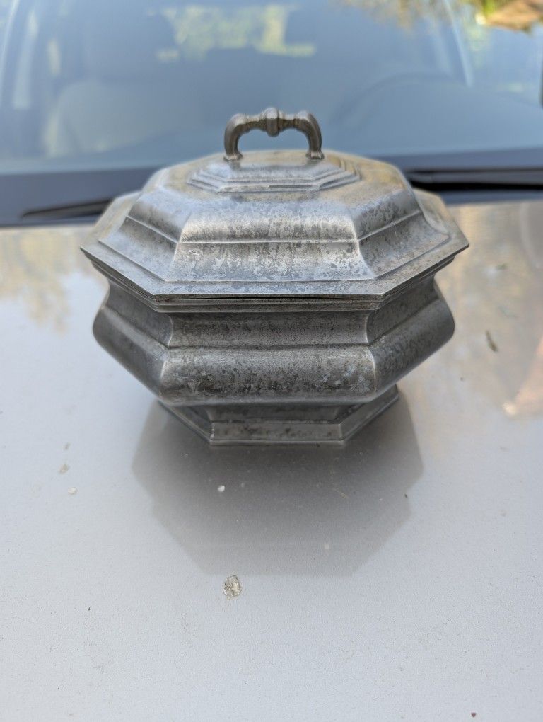 Antique Italian Pewter Box with Hinged Lid. Large Pewter Bowl Trinket or Jewelry Box.