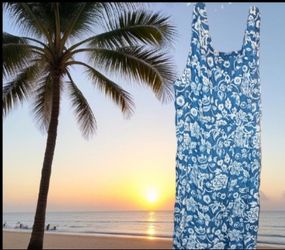Proudly Plus Vintage Blue and Cream Floral Batik Sleeveless Rayon Dress Size 22