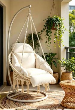 Hammora Cocoon Chair | Cream Macramé Hammock Chair with Cushion