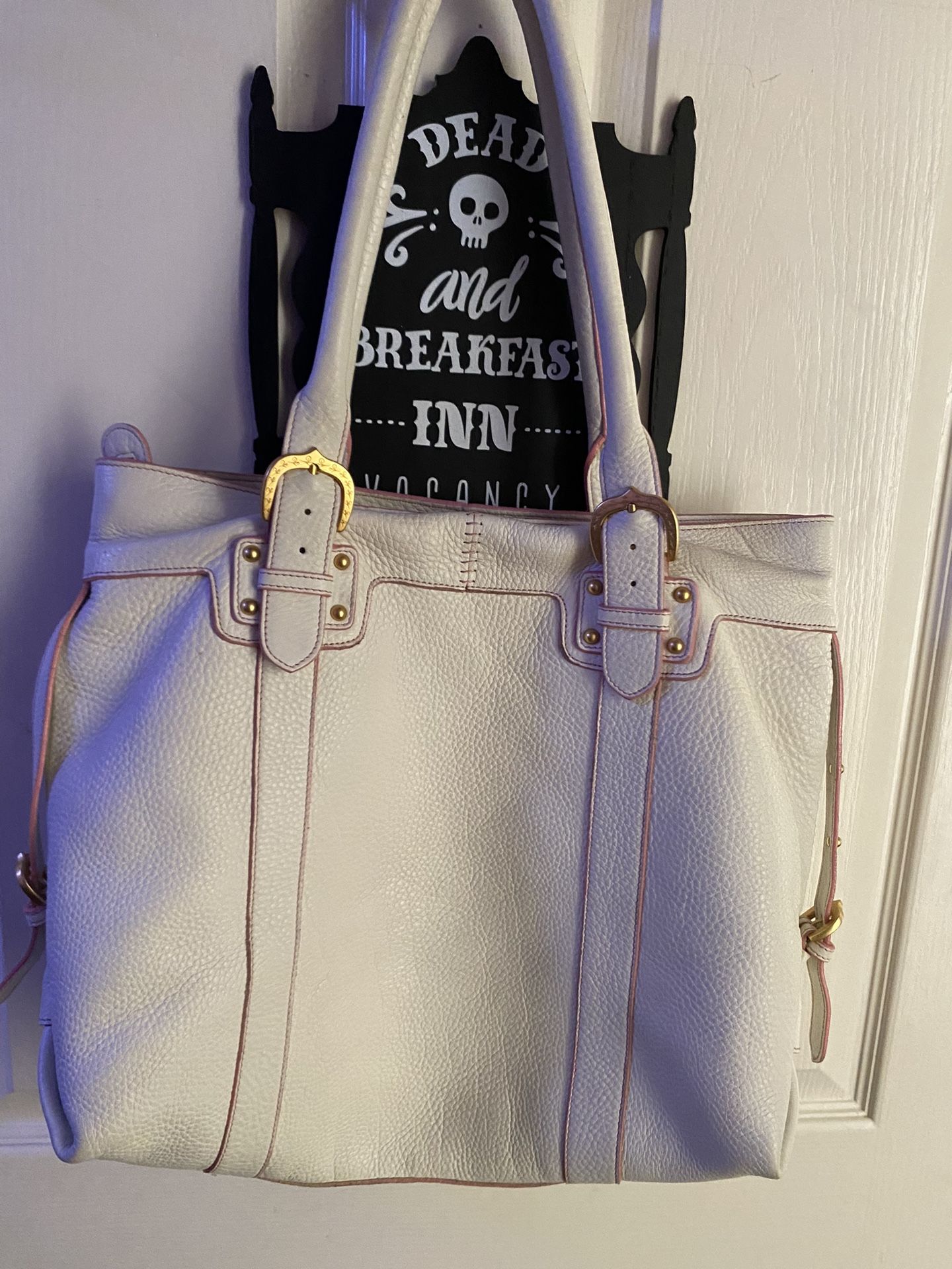 Dooney & Burke Large Leather Purse Or Tote W/ Pink Edging And Gold Tone Buckles