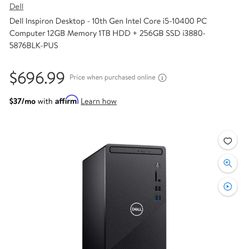 Dell Inspiron Desktop - 10th Gen Intel Core i5-10400 PC Computer 12GB Memory 1TB HDD + 256GB