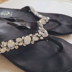 Leather Upper Flip-flops Sz 7 Black With Design