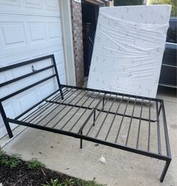 Queen Charcoal Metal Bed with Queen Bamboo Fabric Foam Mattress - AVAILABLE DELIVERY