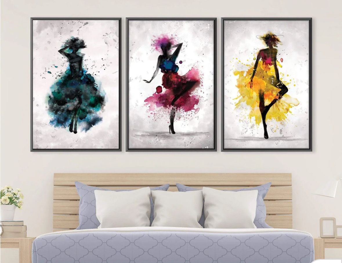 PICK UP BEFORE SUNDAY 31 AUG - Set of three paintings with black 37”x25” frames