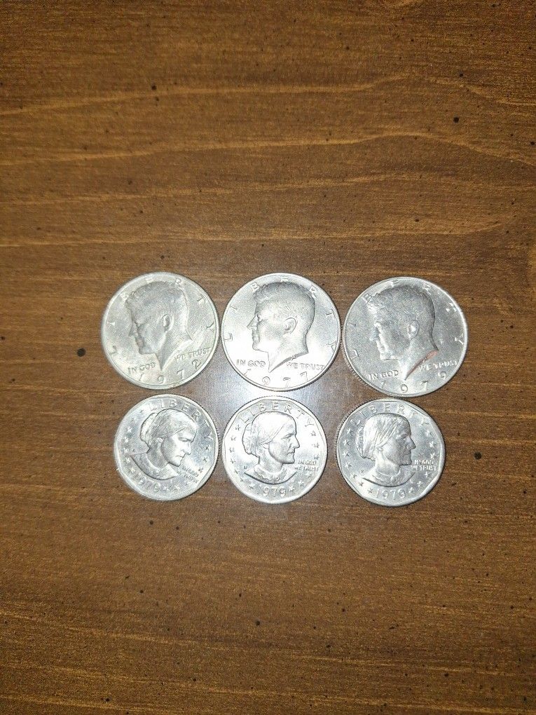 3-Kennedy Half Dollars/ 3-Susan B. Anthony Dollars