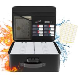 Fireproof Safe Photo Storage Box with 18 Inner 4" x 6" Clear Photo Cases, Portable Photo Organizer with Lock for Picture, Collapsible Photo Container 