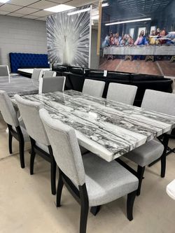 Transitional style, grey marble-look 7 pc dining set w/upholstered chairs