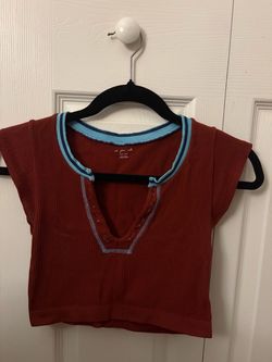 Urban Outfitters Rust Ribbed Tee with Light Blue Trim
