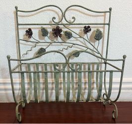 Vintage Wrought Iron Magazine Rack – Green Leaves & Roses, Floral Metal Holder