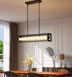 31.5" Black Island Lights for Kitchen, 30W Modern Farmhouse Dining Room Light Fixture, Industrial Rectangular Chandelier Over Table, LED Dimmable Pend