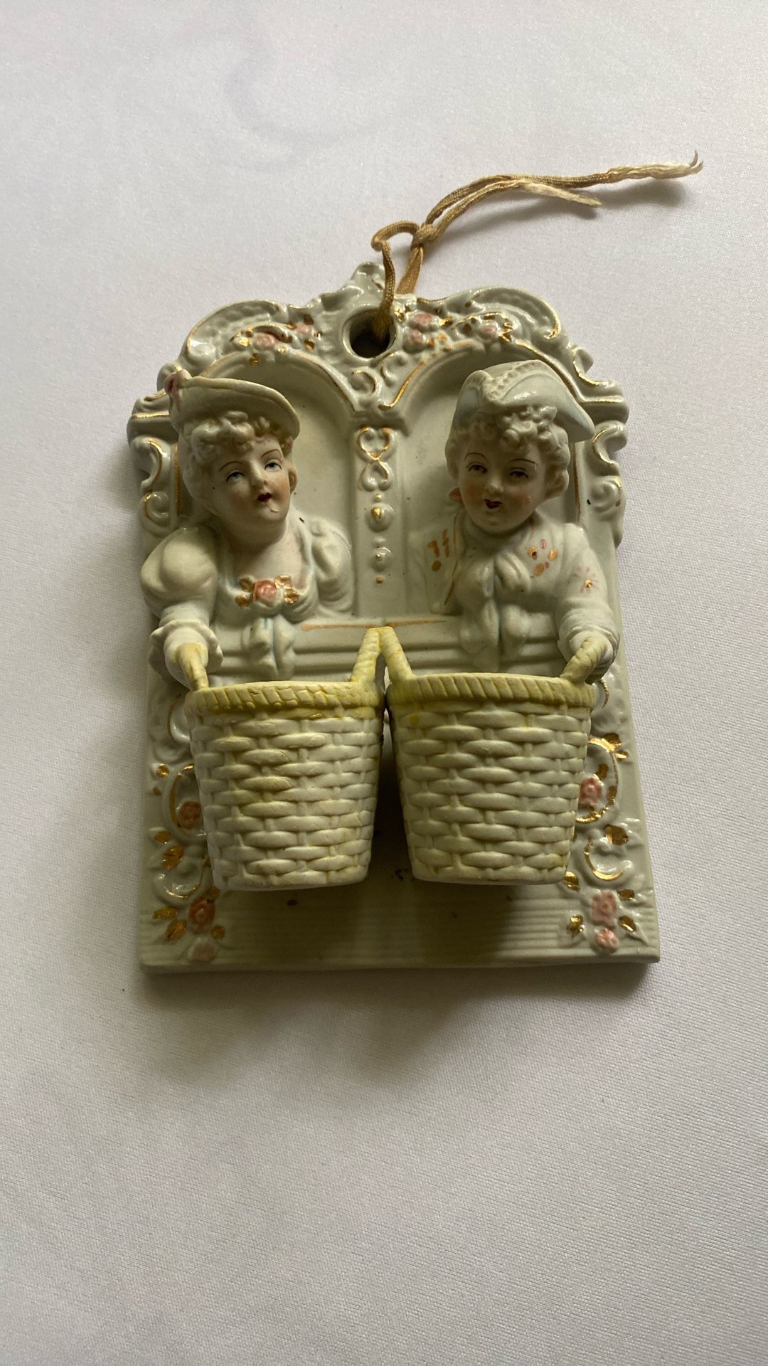 Occupied Japan Hand Painted Chase Bisque Wall Pocket Victorian Man Woman Baskets