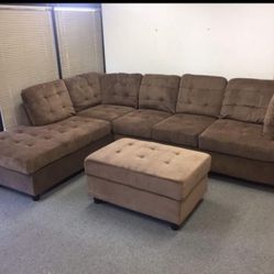 New Chocolate Brown Sectional Sofa Chenille Couch With Large Storage Ottoman 