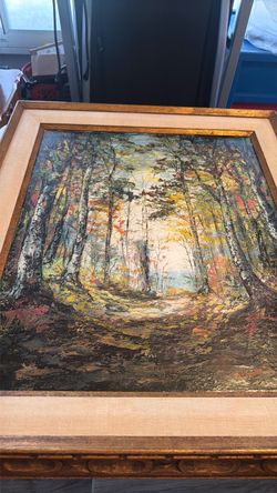 Framed Autumn Forest Path Painting