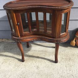 Antique Kidney-Shaped Wood Display table curio Cabinet Table
