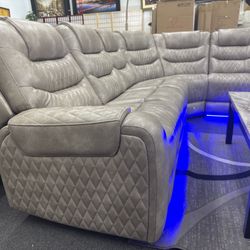 New Light Grey Faux Leather LED Power Recliner Sectional Sofa Set w/Drop Down